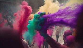 vibrerande färger och glad fester fångande de anda av holi festival i Indien ai genererad foto