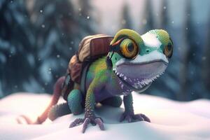 chillaxin' i de snö Häftigt fotorealistisk tecknad serie kameleont med snö glasögon ai genererad foto