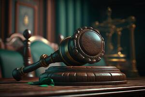 rättvisa eras klubban på trä- skrivbord i rättssal ai genererad foto