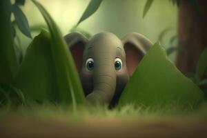 lekfull liten elefant döljer Bakom frodig djungel löv ai genererad foto