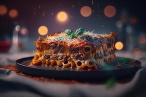 utsökt italiensk specialitet lasagne med färsk basilika och ost ai genererad foto