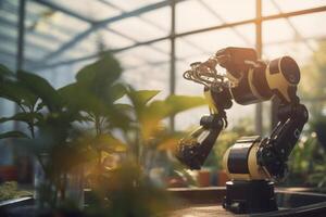 trogen växthus arbetskraft robotar på spela ai genererad foto