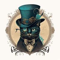 de förtrollade kattdjur med topp hatt och monokel, illustration ai genererad foto