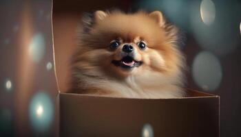 pomeranian pooch funderar hans packade placering i en paket ai genererad foto