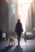 stad promenad med hund följeslagare en kvinna och henne hund mitt i skyskrapor under solnedgång ai genererad foto