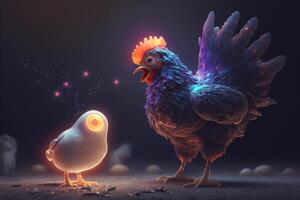 interstellär konversation en kyckling och ett äggformad utomjording på en konstig planet ai genererad foto