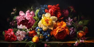 vibrerande bukett en målning av färgrik blommor mot en mörk bakgrund ai genererad foto