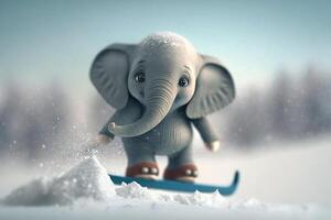 förtjusande liten elefant fragmentering snö på en snowboard ai genererad foto