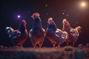 kycklingar stjärnskådning i de öken- under de månsken ai genererad foto