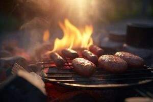 fräsande varm närbild av öppen flamma bbq på camping webbplats ai genererad foto