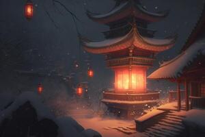 förtjusande kinesisk lyktor belysande en pagod i de mörk natt ai genererad foto