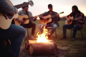 lägereld sylt session vänner spelar gitarr och sång förbi de brand ai genererad foto