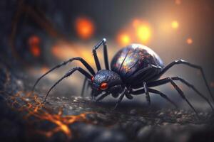 hyperrealistisk illustration av en svart änka spindelliknande insekt, förstorade närbild ai genererad foto