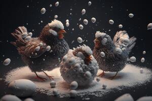 flock av rolig kycklingar har roligt i de snö ai genererad foto