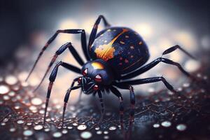 hyperrealistisk illustration av en svart änka spindelliknande insekt, förstorade närbild ai genererad foto