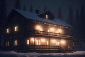 romantisk natt i en snöig berg vandrarhem med Allt lampor på ai genererad foto