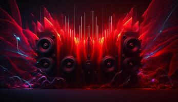 rytmisk röd frekvenser och audio högtalare på mörk abstrakt bakgrund ai genererad foto