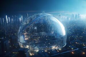 de metropol inom en trogen stad inuti en glas kupol ai genererad foto