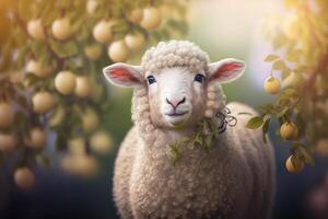 söt och rolig ull- får bland äpplen i en frodig sommartid äpple träd ai genererad foto