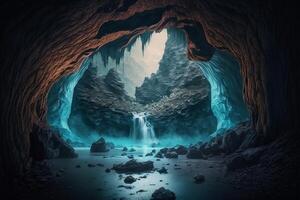 förtjusande se från grotta av blåglödande vattenfall och strömmar bland stenar ai genererad foto