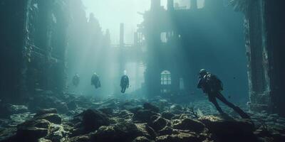utforska de gammal nedsänkt ruiner dykare under de vågor ai genererad foto