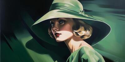 de konst deco lady i grön en porträtt av en Häftigt blond skönhet från de 1920 ai genererad foto