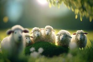 en flock av lekfull fluffig får betning på en grön vår äng ai genererad foto