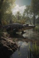 gammal djur släpptes loss realistisk illustration av en sarchosuchus roaming en ren förhistorisk landskap ai genererad foto
