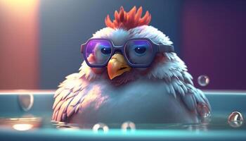 en kyckling med glasögon avkopplande i en varm badkar ai genererad foto