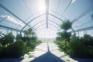 oas av de framtida en lysande växthus under en blå himmel ai genererad foto