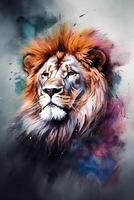 vibrerande vattenfärg porträtt av en majestätisk lejon ai genererad foto