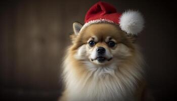 festlig pomeranian valp påklädning en röd och vit santa hatt ai genererad foto