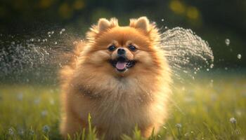 förtjusande pomeranian hund få sprutas förbi en vatten sprinkler i en äng ai genererad foto