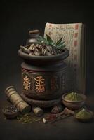 de konst av traditionell kinesisk medicin en visa av läkning örter ai genererad foto