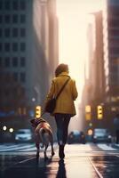 stad promenad med hund följeslagare en kvinna och henne hund mitt i skyskrapor under solnedgång ai genererad foto