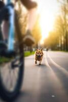 hund nöjestur hund löpning vid sidan av ägare på cykel väg i stad ai genererad foto