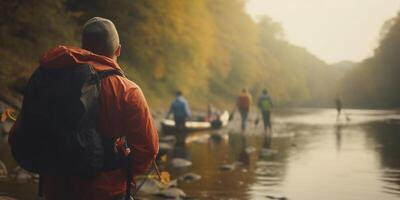 utforska de utomhus grupp vandring och camping förbi de flod med ryggsäckar ai genererad foto