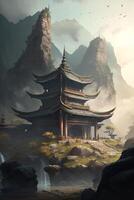 lugn skönhet en kinesisk tempel inbäddat i de bergen ai genererad foto