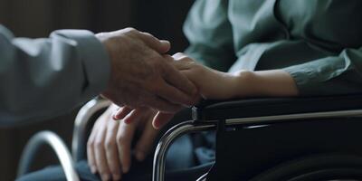 tröstande Rör ett äldre patient i en rullstol innehar händer med en älskade ett ai genererad foto