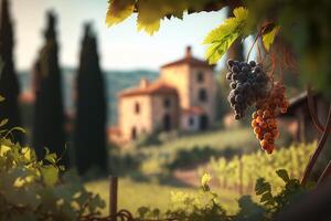 romantisk se från en vingård med vindruvor och vinstockar ai genererad foto