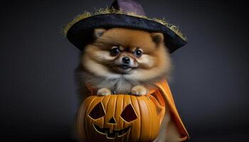 söt pomeranian hund klädd som en häxa för halloween ai genererad foto