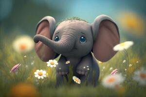 ljuv liten elefant njuter en vår blomma fält ai genererad foto
