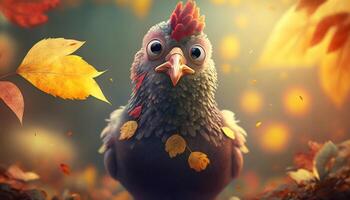 höst löv och söt liten kyckling en perfekt falla dag ai genererad foto