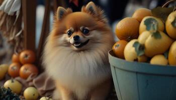 höst firande förtjusande pomeranian hund bland pumpor och skörda dekorationer ai genererad foto