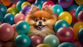 fluffig pomeranian i en färgrik boll grop med hundratals av ballonger ai genererad foto