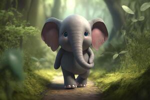 förtjusande liten elefant promenader genom en grön skog ai genererad foto