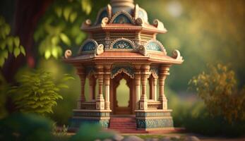 invecklad sniderier och detaljerad design en trä- miniatyr- av ett indisk tempel eller palats ai genererad foto