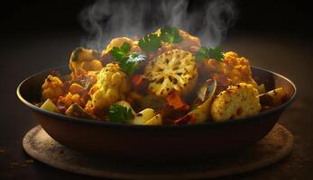 aloo gobi traditionell indisk maträtt eras ångande i en lera skål på en mörk trä- tabell ai genererad foto