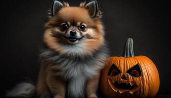 förtjusande pomeranian hund Framställ med en halloween pumpa ai genererad foto