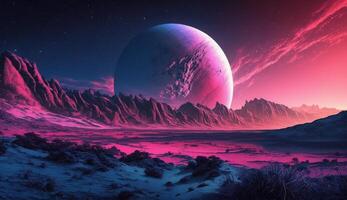utforska ett utomjording landskap en rosa planet med massiv måne på de horisont ai genererad foto
